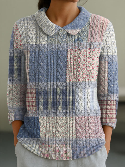Women's Plaid Collage Floral Pattern Casual Peter Pan Collar 3/4 Sleeve Sweater