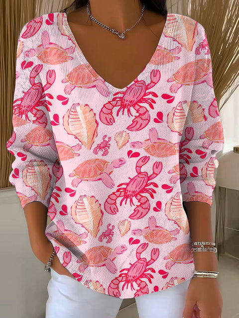 Women's Pink Sea Creature Pattern Casual Pullover Sweater