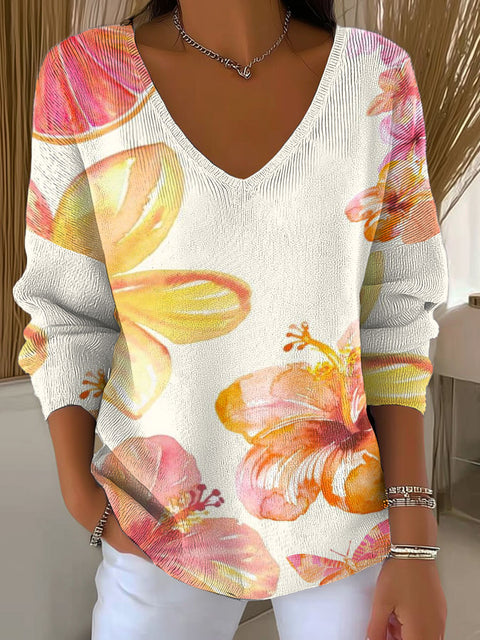 Women's Contrast Color Flowers Pattern Casual Pullover Sweater