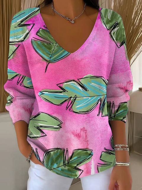 Women's Pink Leaves Pattern Casual Pullover Sweater
