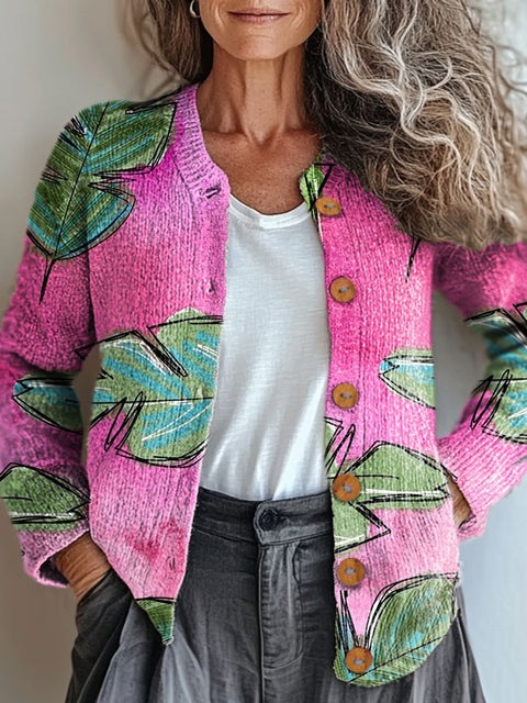 Pink Leaves Print Buttoned Cardigan Sweater
