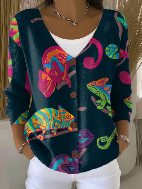 Chameleon Print Buttoned V-neck Cardigan Sweater