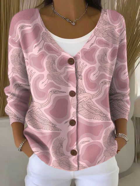 Pink Crane Print Buttoned V-neck Cardigan Sweater