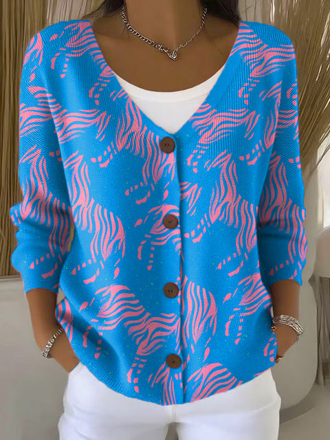 Blue Zebra Print Buttoned V-neck Cardigan Sweater