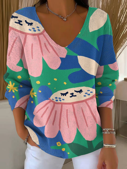 Women's Smiling Sunflower Pattern Casual Pullover Sweater