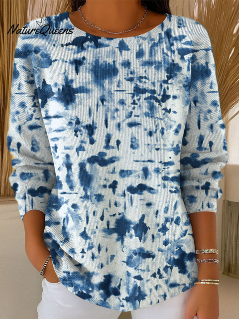Women's Blue And white Ink Style Pattern Casual Pullover Sweater