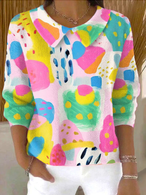 Women's Dessert Pattern Casual Peter Pan Collar 3/4 Sleeve Sweater