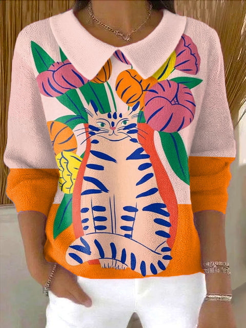 Women's Flowers With Cat Pattern Casual Peter Pan Collar 3/4 Sleeve Sweater