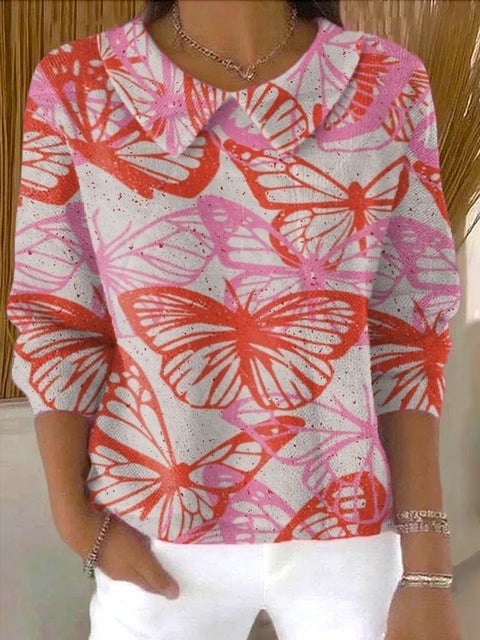 Women's Butterfly Art Pattern Casual Peter Pan Collar 3/4 Sleeve Sweater