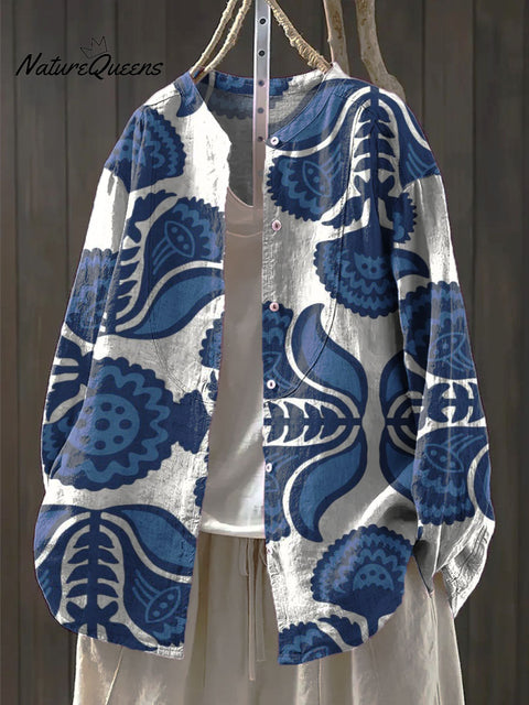 Women's Rule Totem Print Casual Cotton And Linen Ruffle Shirt