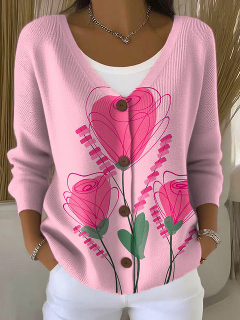 Pink Rose Print Buttoned V-neck Cardigan Sweater