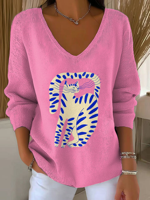 Women's Pink Cat Pattern Casual Pullover Sweater