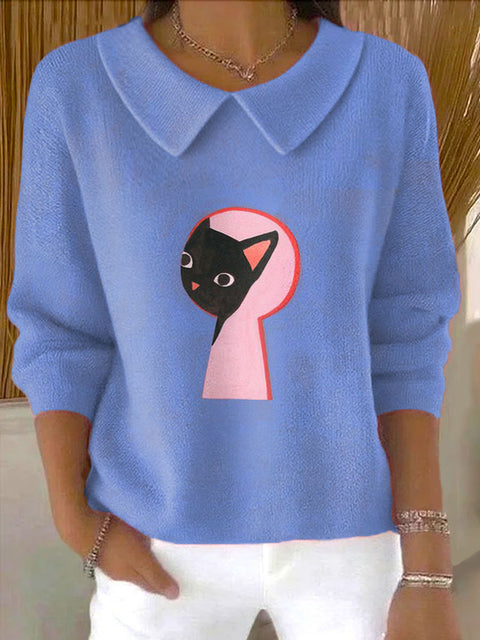 Women's Door Lock Cat Pattern Casual Peter Pan Collar 3/4 Sleeve Sweater