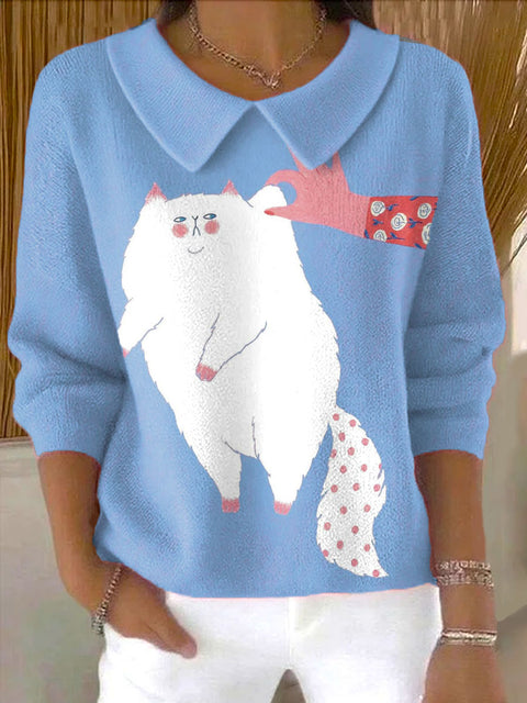 Women's Fat Cat Pattern Casual Peter Pan Collar 3/4 Sleeve Sweater