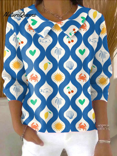 Women's Wavy Rhombus Pattern Casual Peter Pan Collar 3/4 Sleeve Sweater