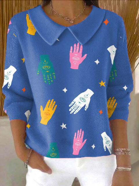 Women's Blue Hands Pattern Casual Peter Pan Collar 3/4 Sleeve Sweater