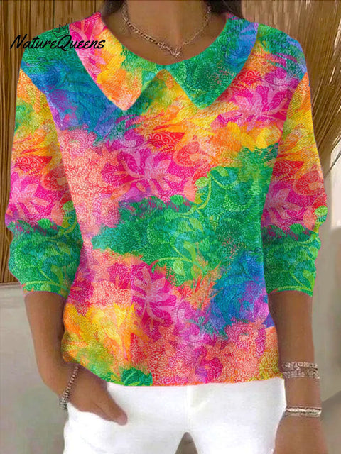 Women's Rainbow Flowers Pattern Casual Peter Pan Collar 3/4 Sleeve Sweater