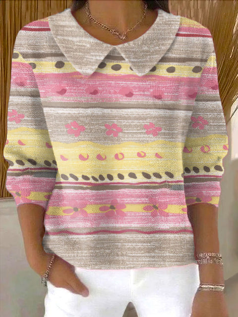 Women's Colorful Pattern Stripes Print Casual Peter Pan Collar 3/4 Sleeve Sweater