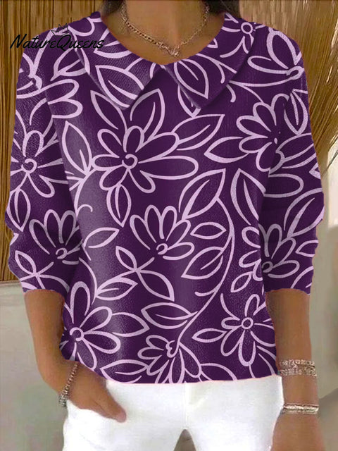 Women's Purple Flowers Art Print Casual Peter Pan Collar 3/4 Sleeve Sweater