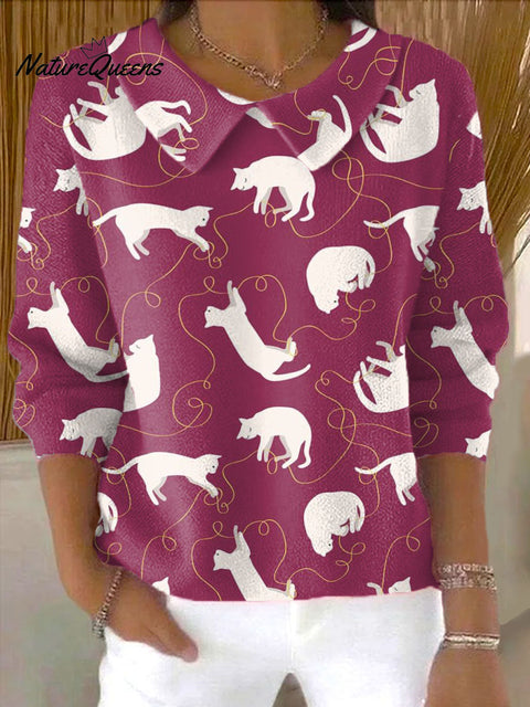Women's Lines And Cats Art Print Casual Peter Pan Collar 3/4 Sleeve Sweater
