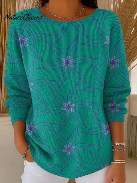 Women's Green Line Flowers Print Casual Pullover Sweater