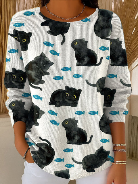 Women's Cat And Fish Pattern Print Casual Pullover Sweater