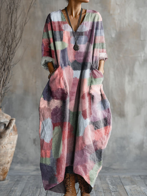 Women's Colorful Oil Painting Brushstrokes Art Pattern Print Pocket V-neck Cotton Dress