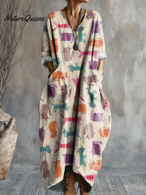 Women's Color Kitten Art Pattern Print Pocket V-neck Cotton Dress