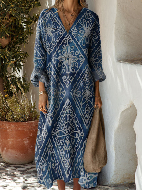 Women's Blue Ethnic Style Totem Art Print Dress