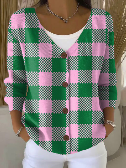 Two-Tone Plaid Print Buttoned V-neck Cardigan Sweater