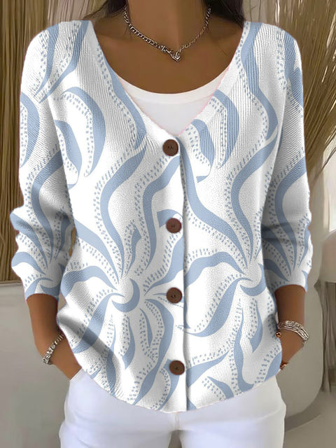 White Lines Print Buttoned V-neck Cardigan Sweater