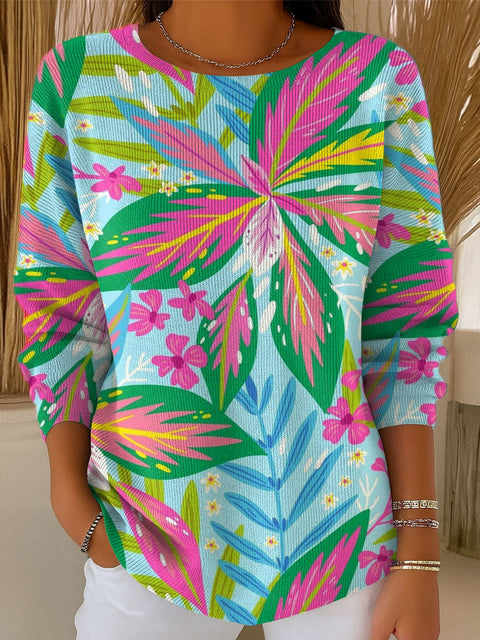 Women's Large Colorful Leaves Pattern Casual Pullover Sweater