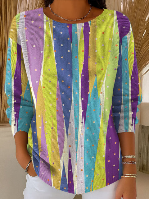 Women's Changing Vertical Stripes And Polka Dots Pattern Casual Pullover Sweater