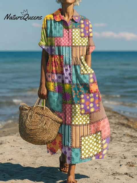 Women's Stitching Irregular Grid Art Print Dress