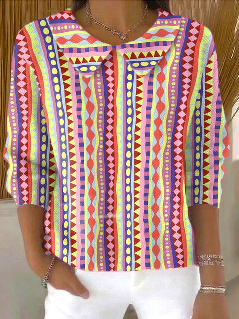 Women's Irregular Pinstripe Print Casual Peter Pan Collar 3/4 Sleeve Sweater