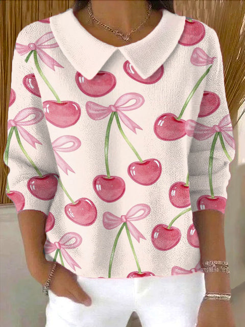 Women's Cherry Bow Print Casual Peter Pan Collar 3/4 Sleeve Sweater