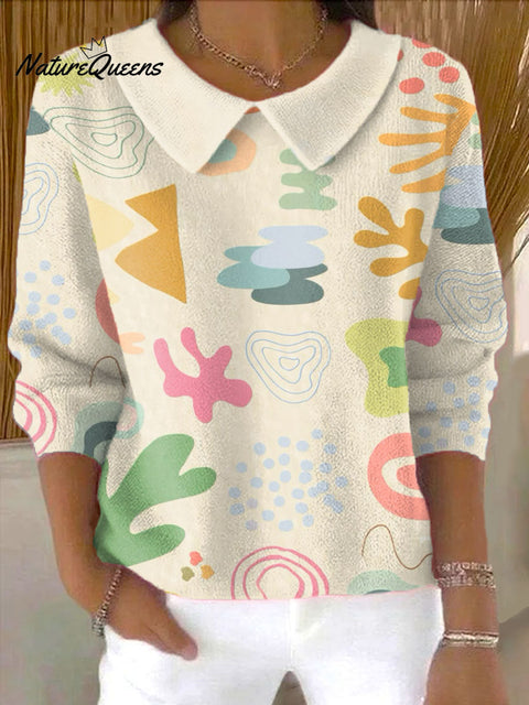 Women's Color Multiple Image Mixing Pattern Casual Peter Pan Collar 3/4 Sleeve Sweater