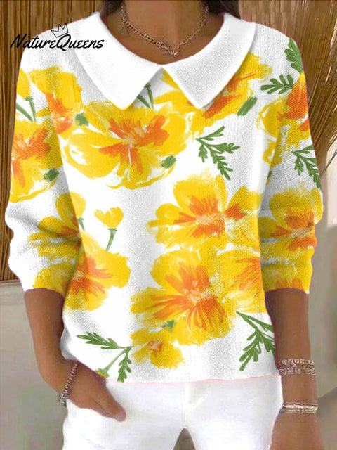 Women's Yellow Flowers Art Pattern Casual Peter Pan Collar 3/4 Sleeve Sweater