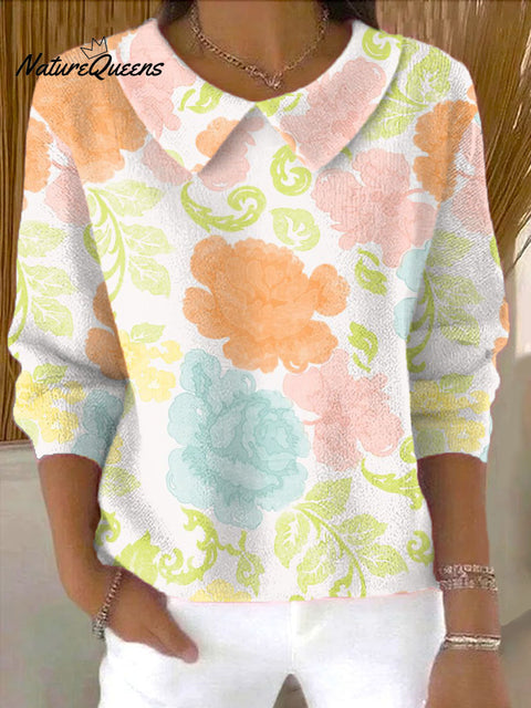 Women's Multicolor Roses Art Pattern Casual Peter Pan Collar 3/4 Sleeve Sweater