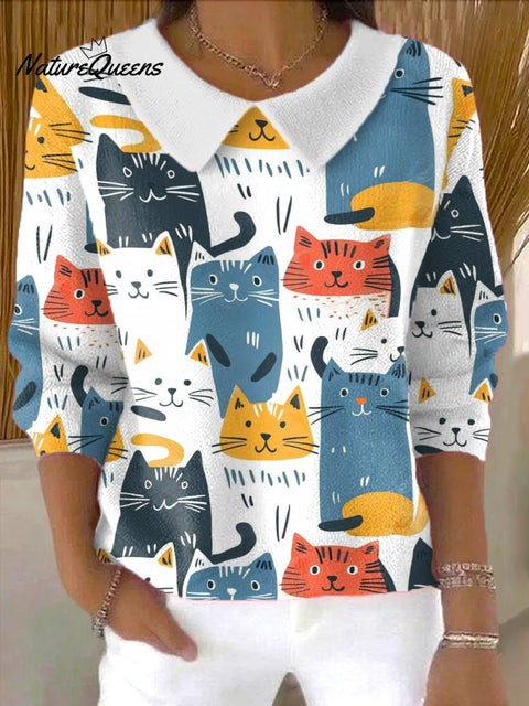 Women's Multicolor Cats Art Pattern Casual Peter Pan Collar 3/4 Sleeve Sweater