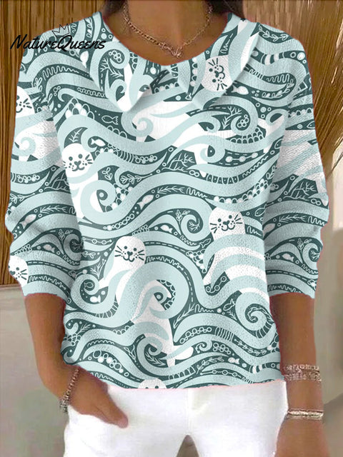 Women's Seals And Waves Art Pattern Casual Peter Pan Collar 3/4 Sleeve Sweater