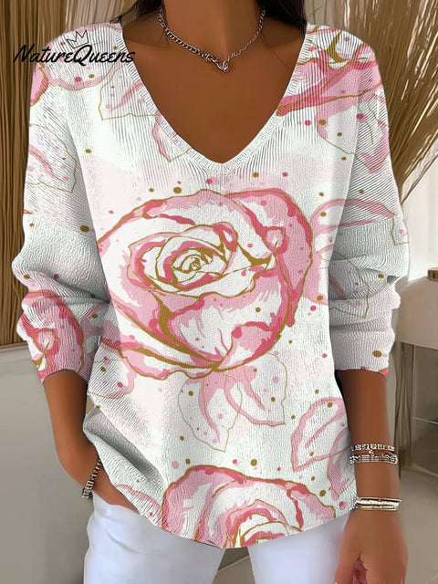 Women's Line Rose Print Casual Pullover Sweater
