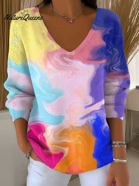 Women's Color Gradient Fusion Print Casual Pullover Sweater