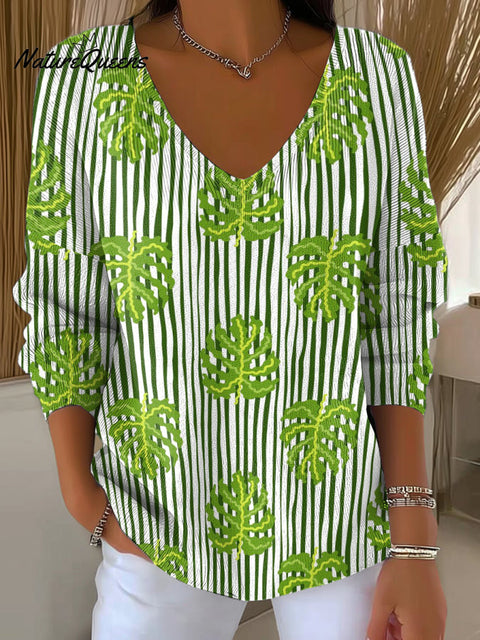 Women's Vertical Stripes On Leaves Print Casual Pullover Sweater