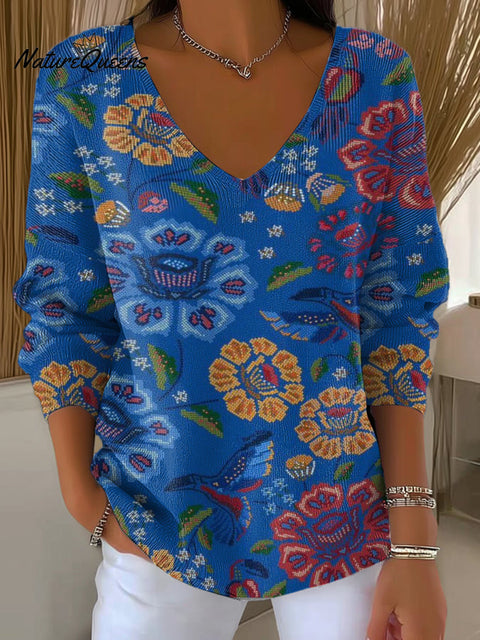 Women's Mosaic Flowers Print Casual Pullover Sweater