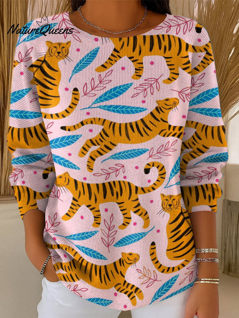 Women's Tiger And Leaves Print Casual Pullover Sweater