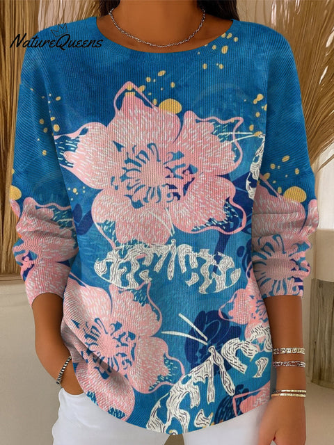 Women's Irregular Floral Lines Print Casual Pullover Sweater