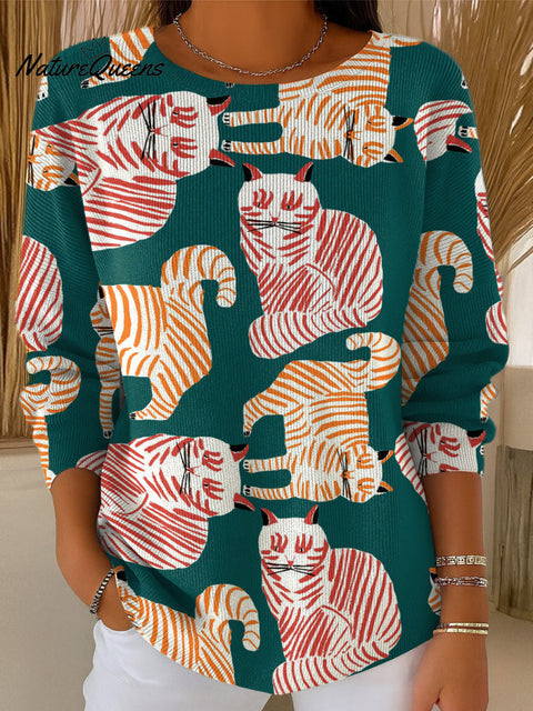 Women's Irregular Cats Lines Print Casual Pullover Sweater
