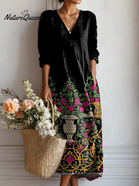 Women's Garden Print Linen Pocket Tunic Dress