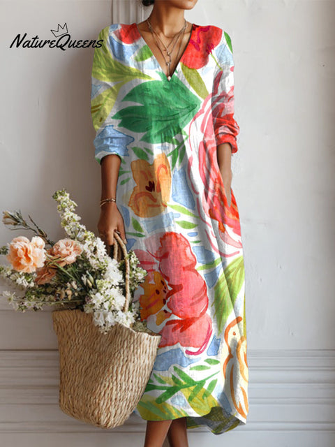 Women's Watercolor Flowers And Plants Print Linen Pocket Tunic Dress